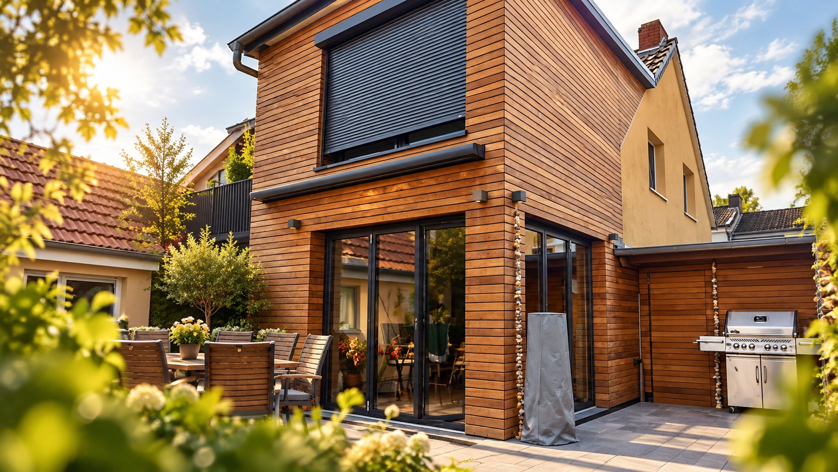 Anbau mit Holzfassade und großer Glasfront – Derus Holzbau, Zimmerei in Ritterhude